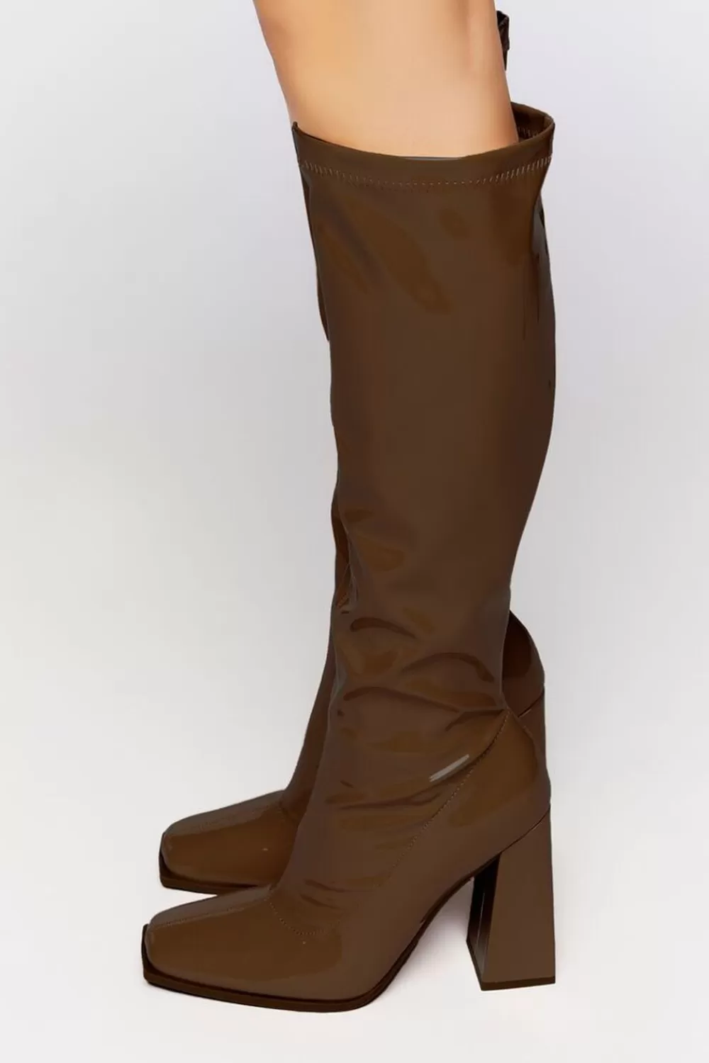 Boots + Booties>Forever 21 Faux Patent Leather Knee-High Boots Brown