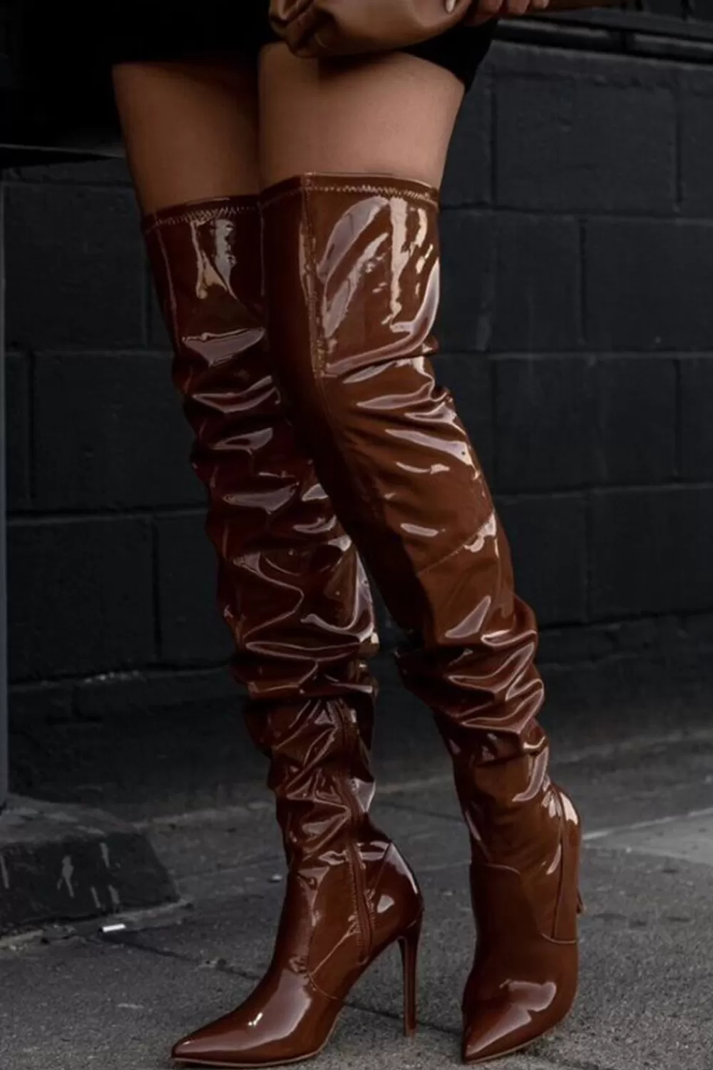 Boots + Booties>Forever 21 Faux Patent Leather Thigh-High Boots Brown