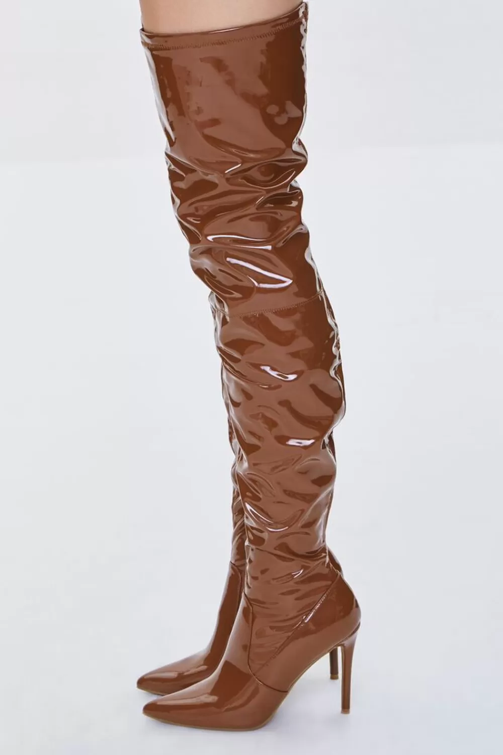 Boots + Booties>Forever 21 Faux Patent Leather Thigh-High Boots Brown
