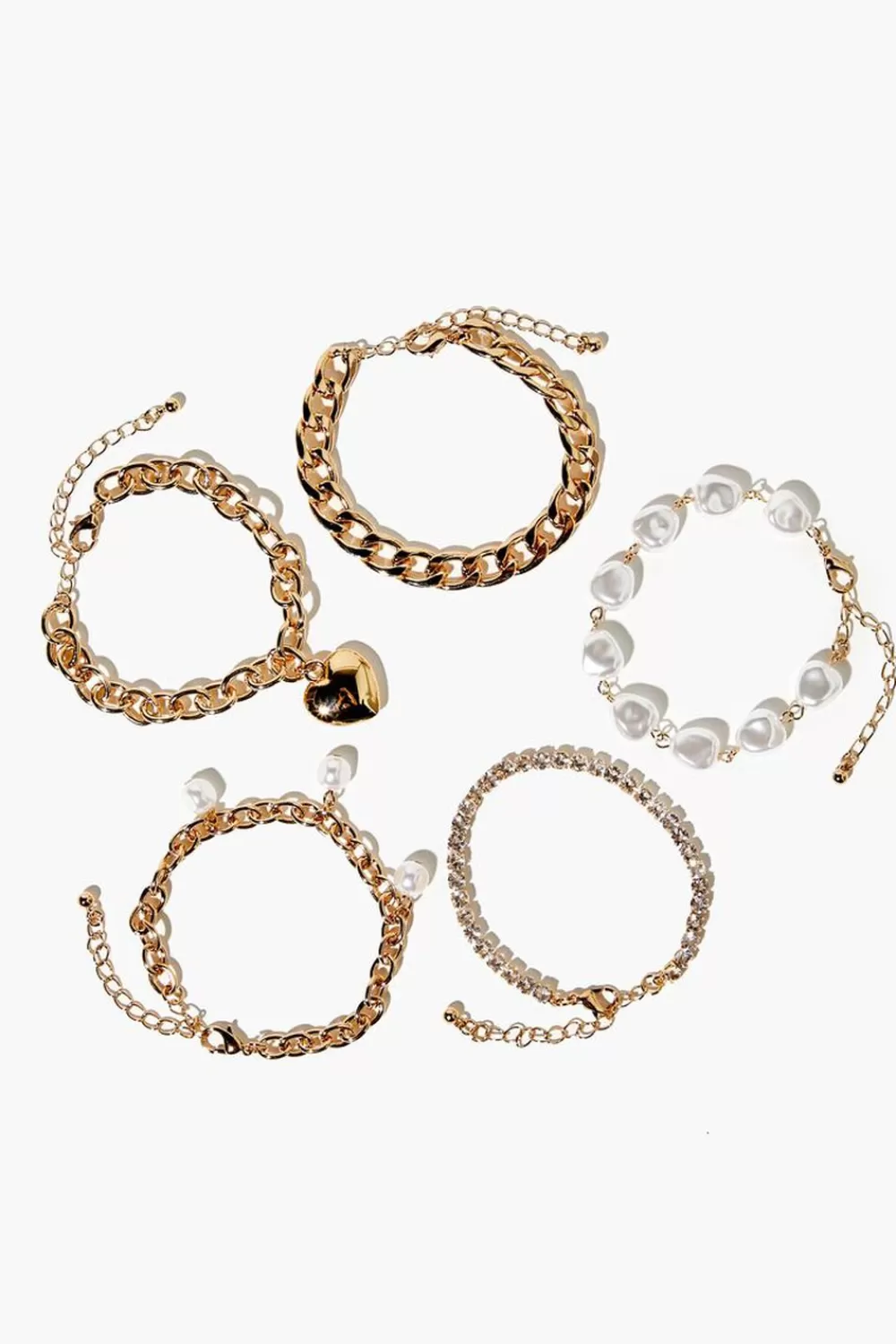 Bracelets>Forever 21 Faux Pearl & Heart Charm Bracelet Set White/Gold
