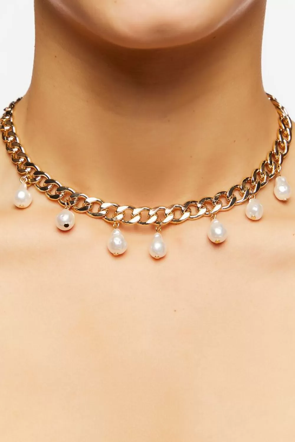 Necklaces>Forever 21 Faux Pearl Curb Chain Necklace Cream/Gold