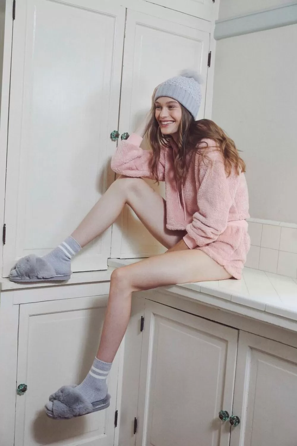 Hats + Beanies>Forever 21 Faux Shearling Pom Pom Beanie Grey