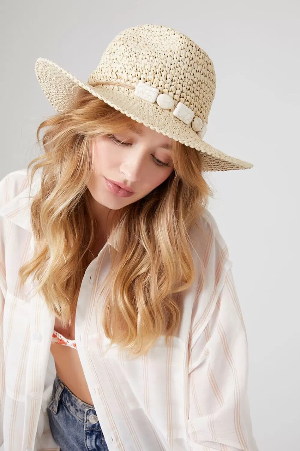 Hats + Beanies>Forever 21 Faux Stone-Trim Straw Fedora Natural/Cream