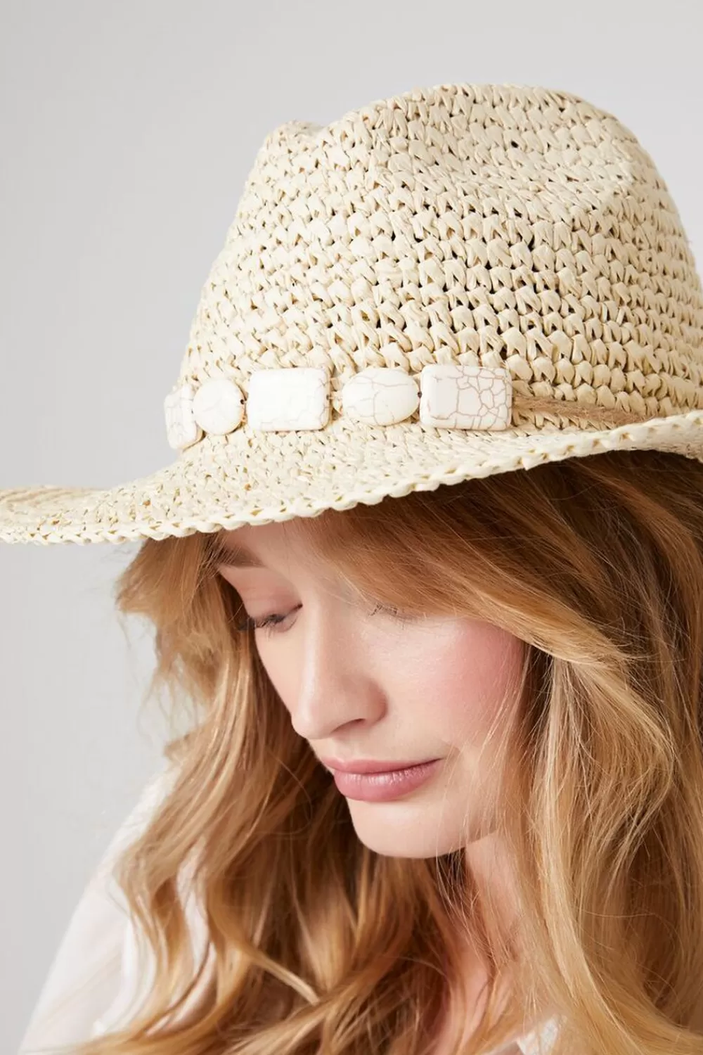 Hats + Beanies>Forever 21 Faux Stone-Trim Straw Fedora Natural/Cream