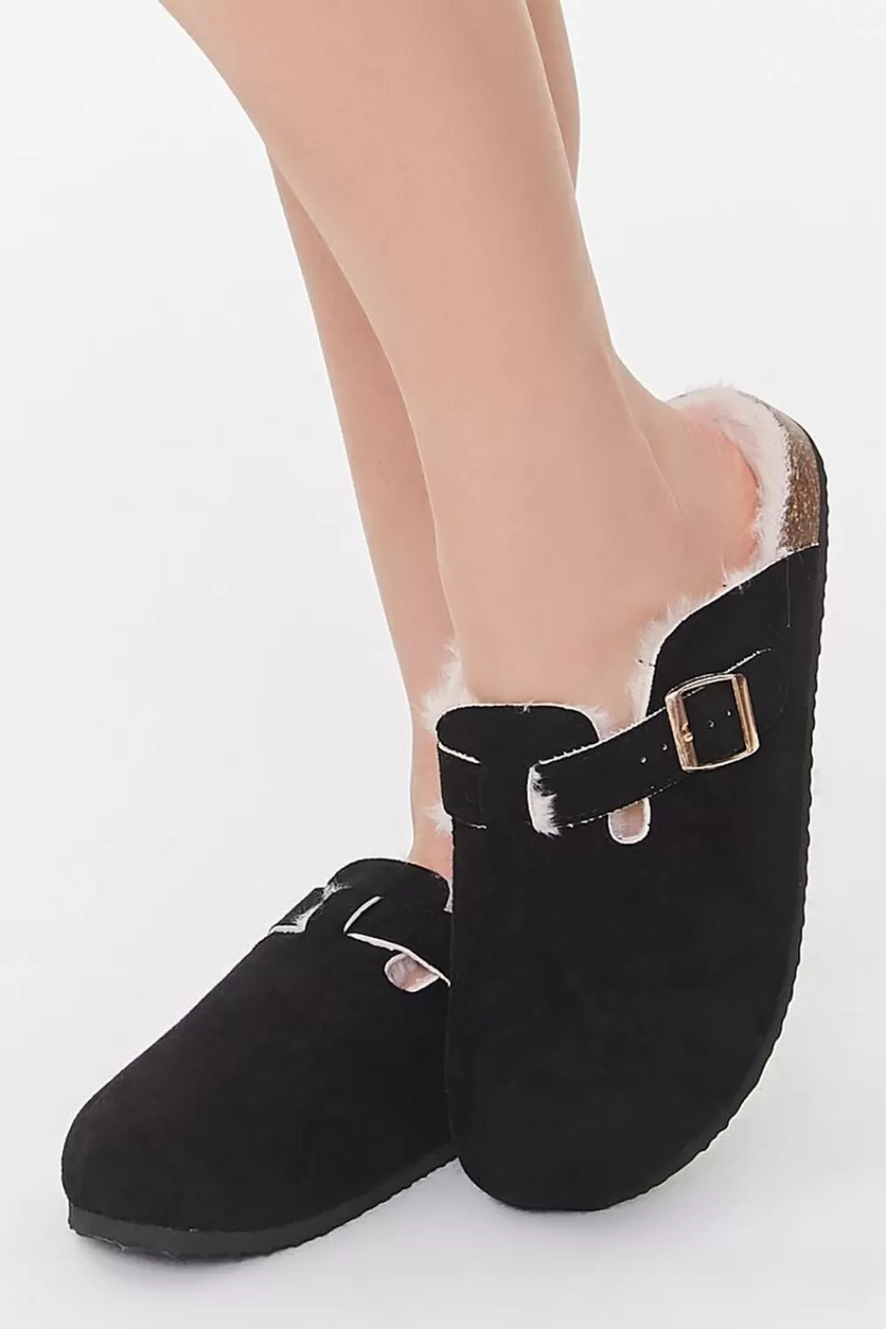 Slippers>Forever 21 Faux Suede Buckled Mules Black
