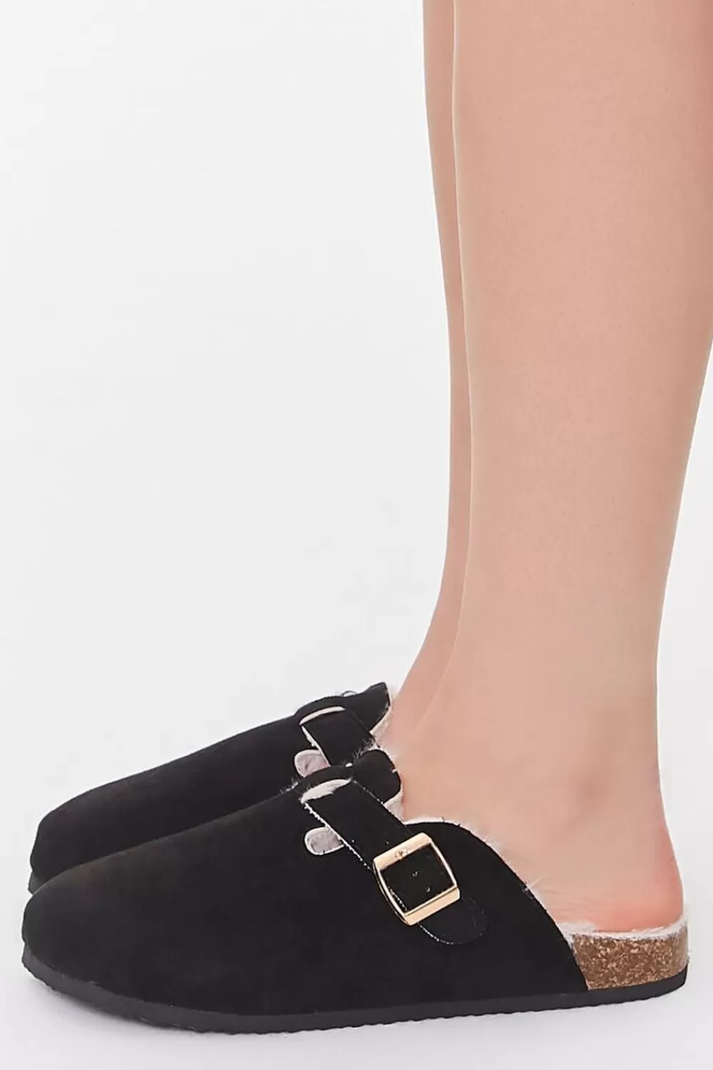 Slippers>Forever 21 Faux Suede Buckled Mules Black