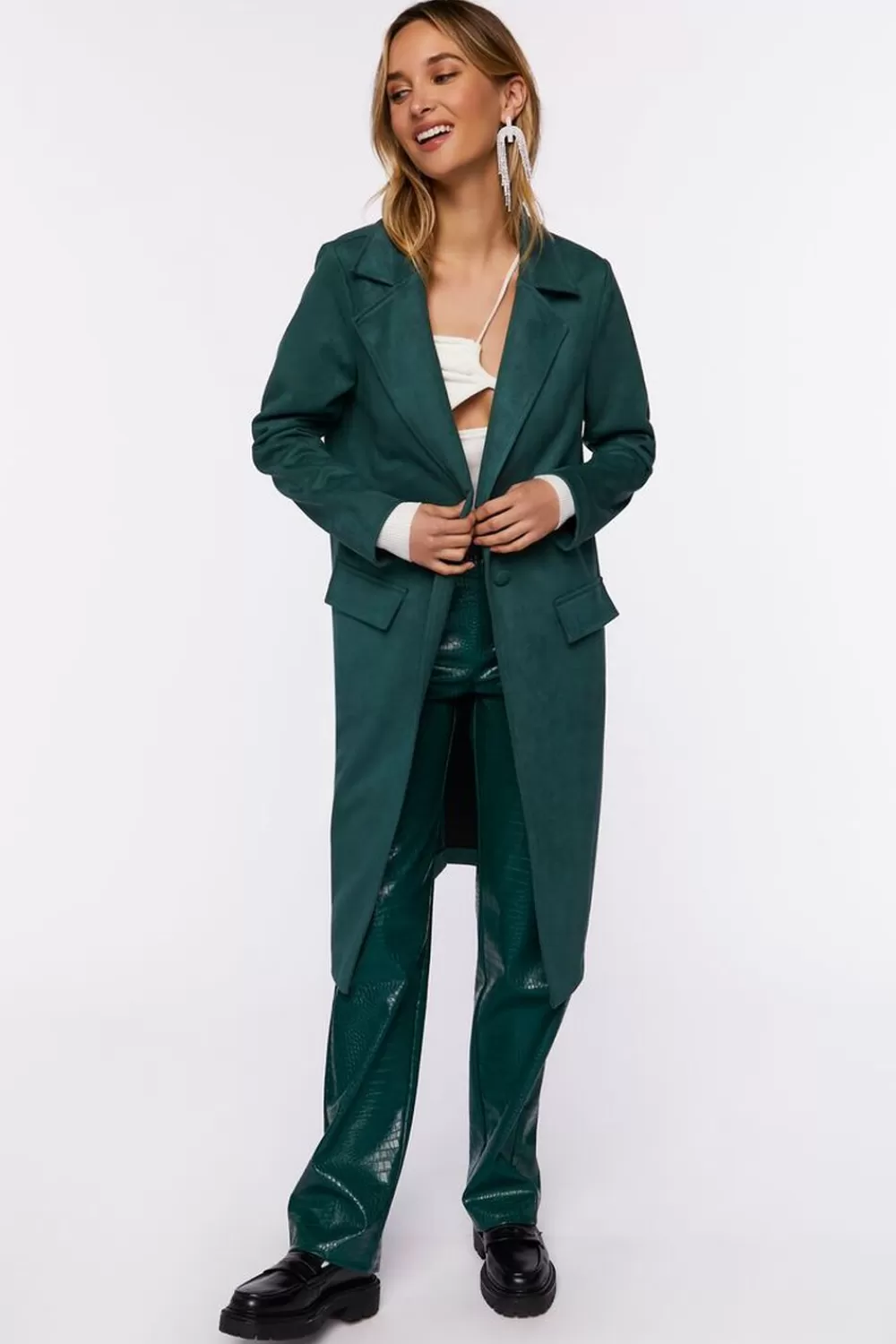 Jackets + Outerwear>Forever 21 Faux Suede Duster Jacket Hunter Green