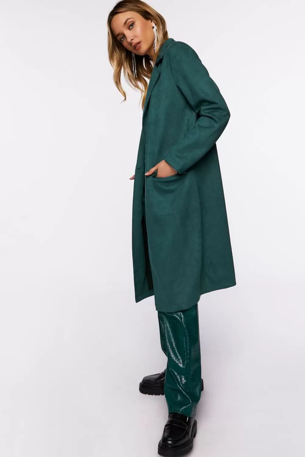 Jackets + Outerwear>Forever 21 Faux Suede Duster Jacket Hunter Green