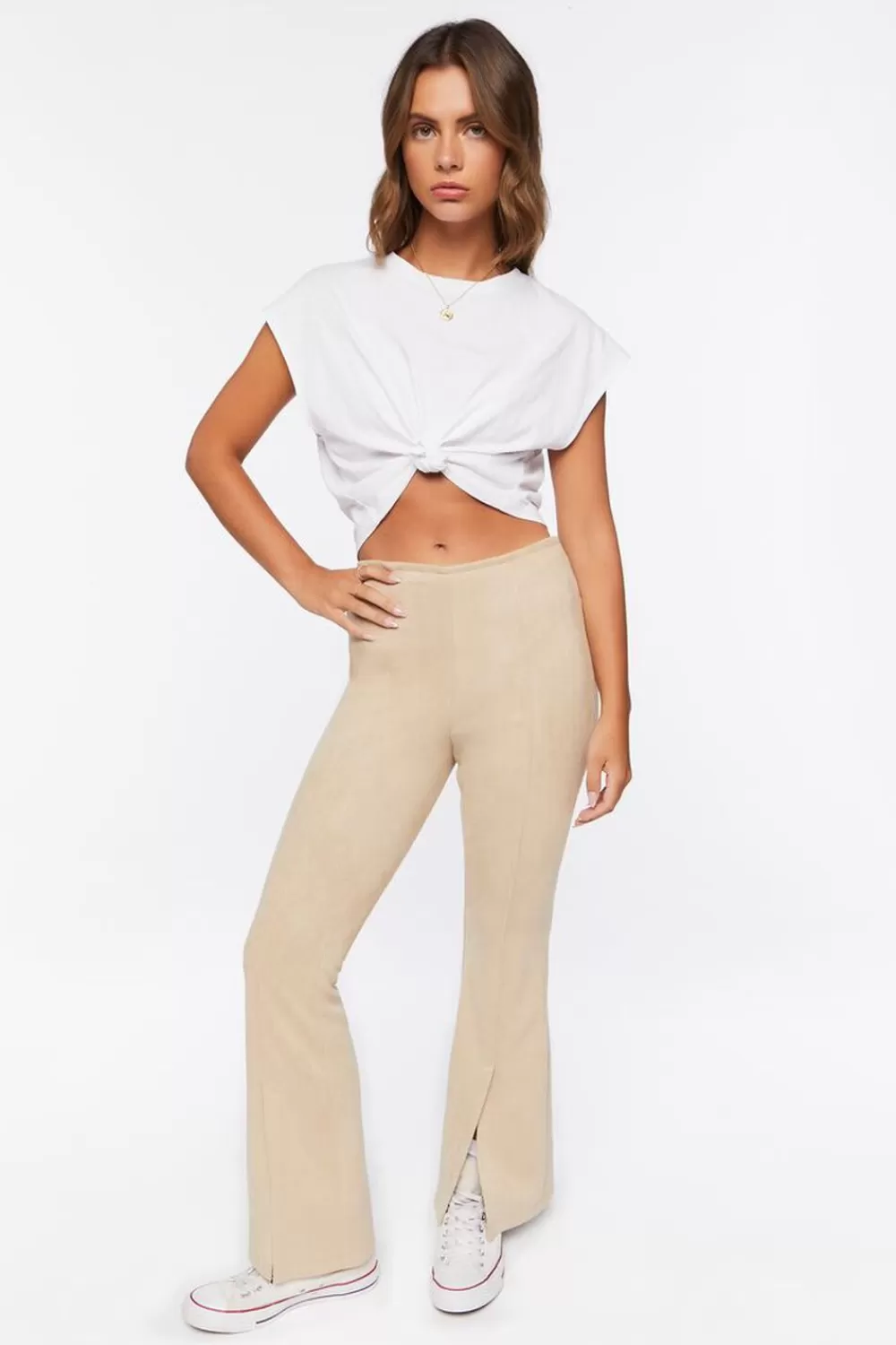 Bottoms>Forever 21 Faux Suede Split-Hem Flare Pants Khaki