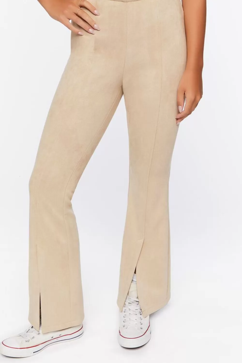 Bottoms>Forever 21 Faux Suede Split-Hem Flare Pants Khaki