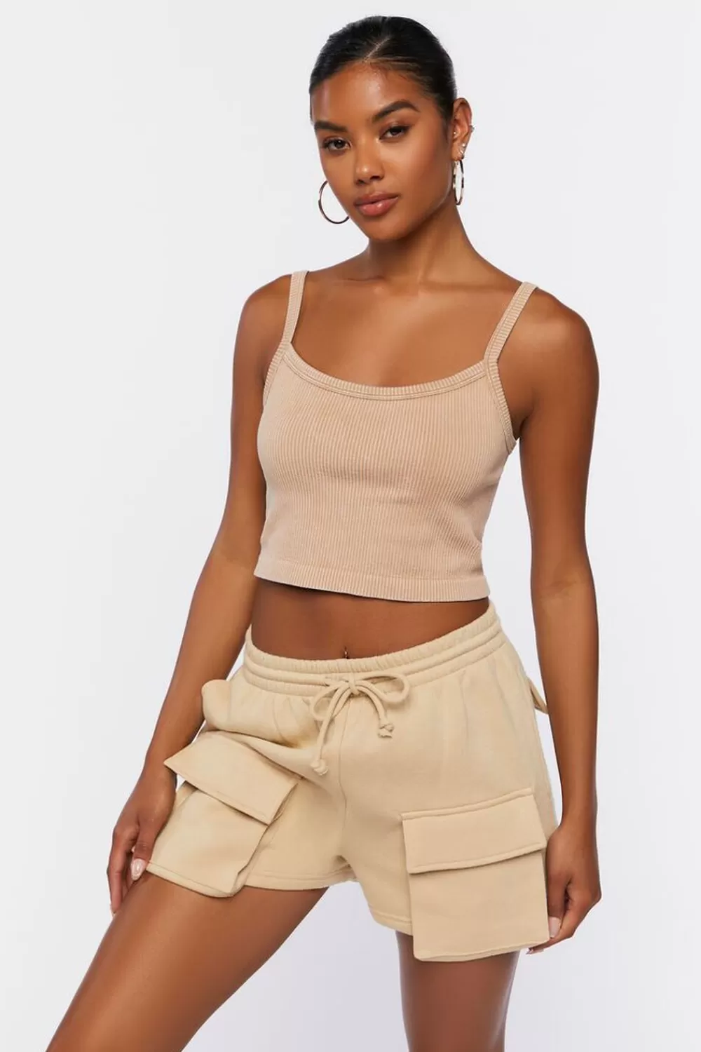 Bottoms>Forever 21 Fleece Drawstring Cargo Shorts Khaki