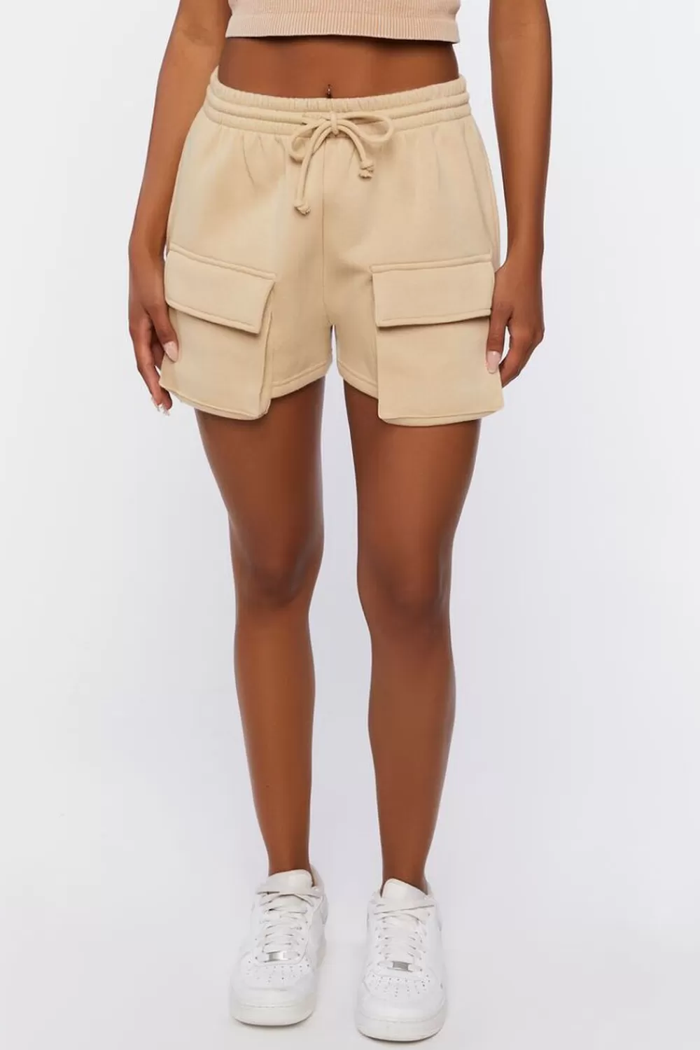 Bottoms>Forever 21 Fleece Drawstring Cargo Shorts Khaki