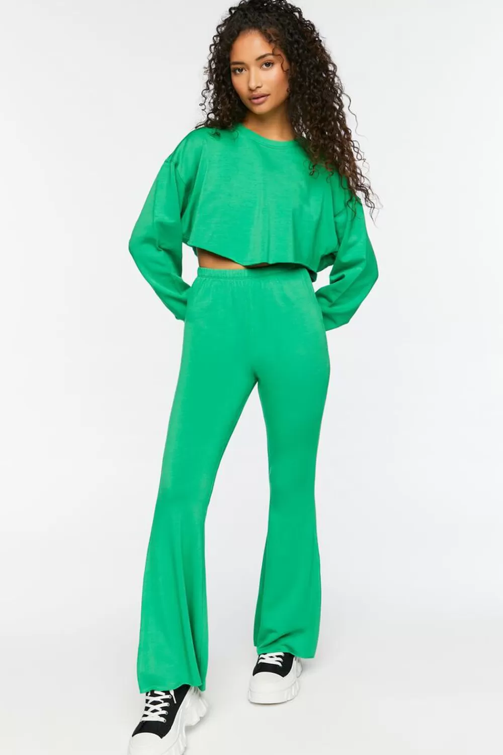Matching Sets>Forever 21 Fleece Raw-Cut Flare Sweatpants Green