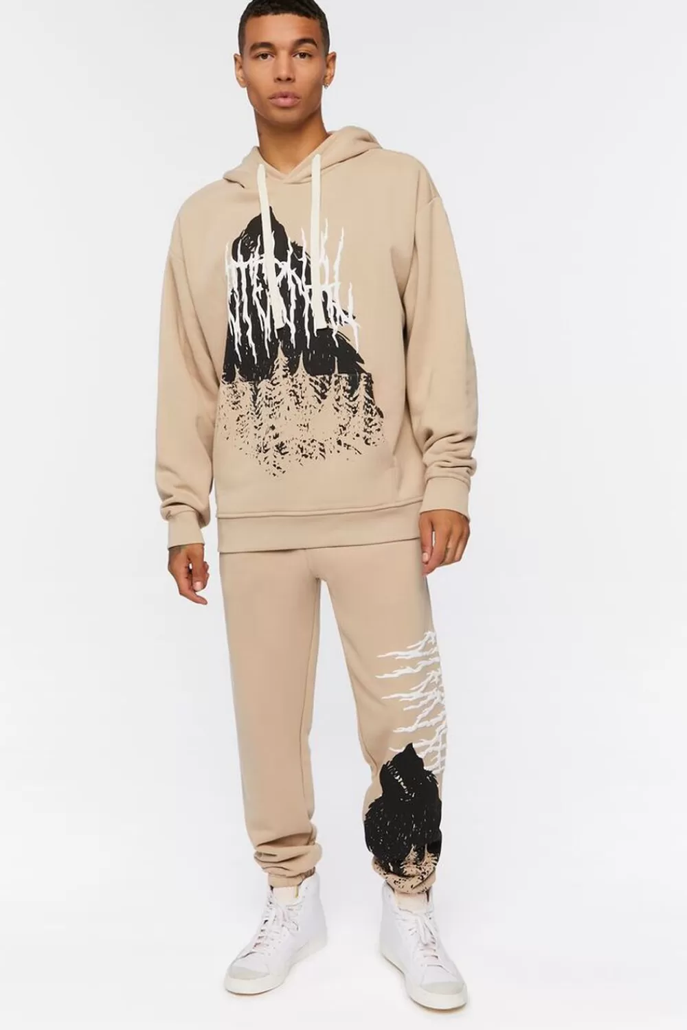 Matching Sets>Forever 21 Fleece Wolf Graphic Joggers Taupe/Multi