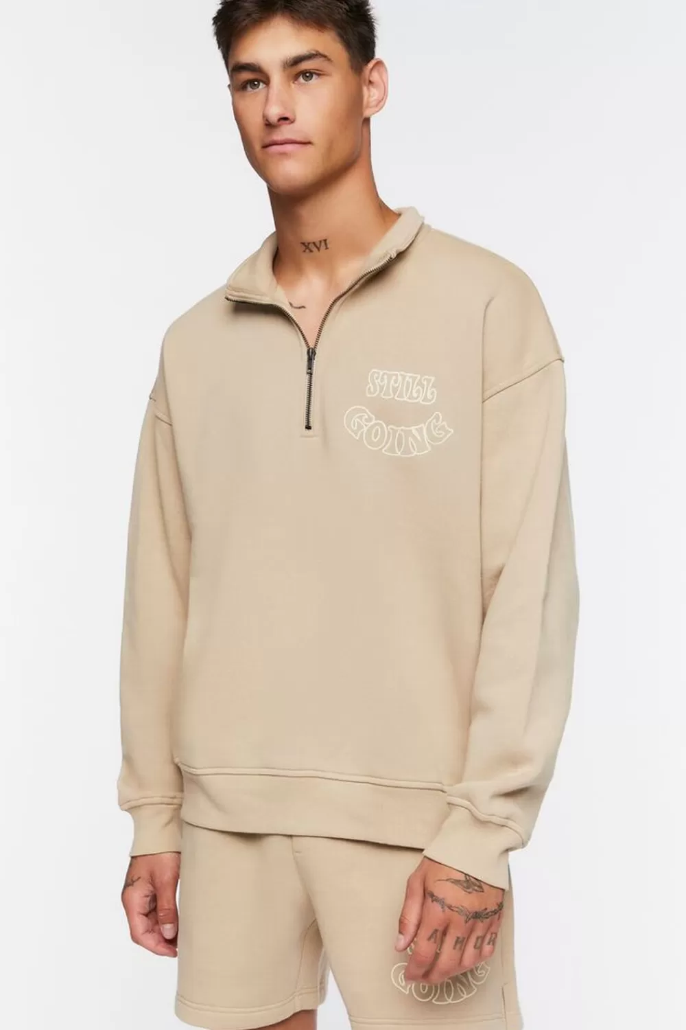 Hoodies + Sweatshirts>Forever 21 Flocked Still Going Graphic Half-Zip Pullover Taupe