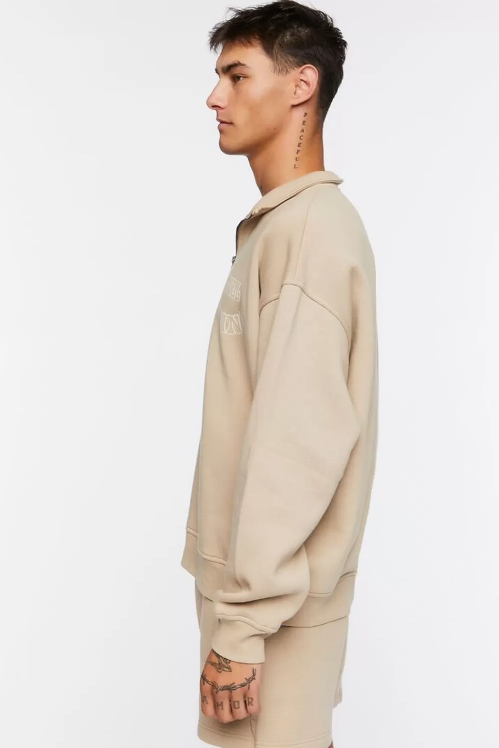 Hoodies + Sweatshirts>Forever 21 Flocked Still Going Graphic Half-Zip Pullover Taupe