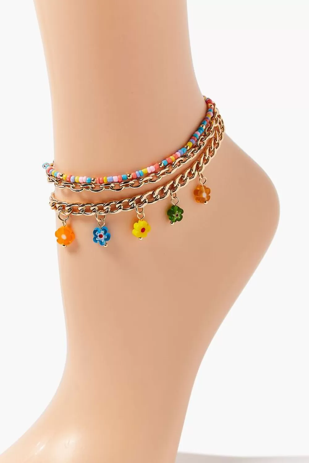 Body Jewelry>Forever 21 Floral Charm Beaded Anklet Set Blue/Gold