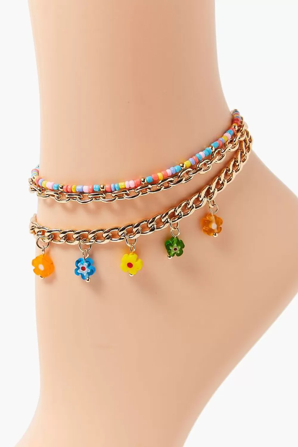 Body Jewelry>Forever 21 Floral Charm Beaded Anklet Set Blue/Gold