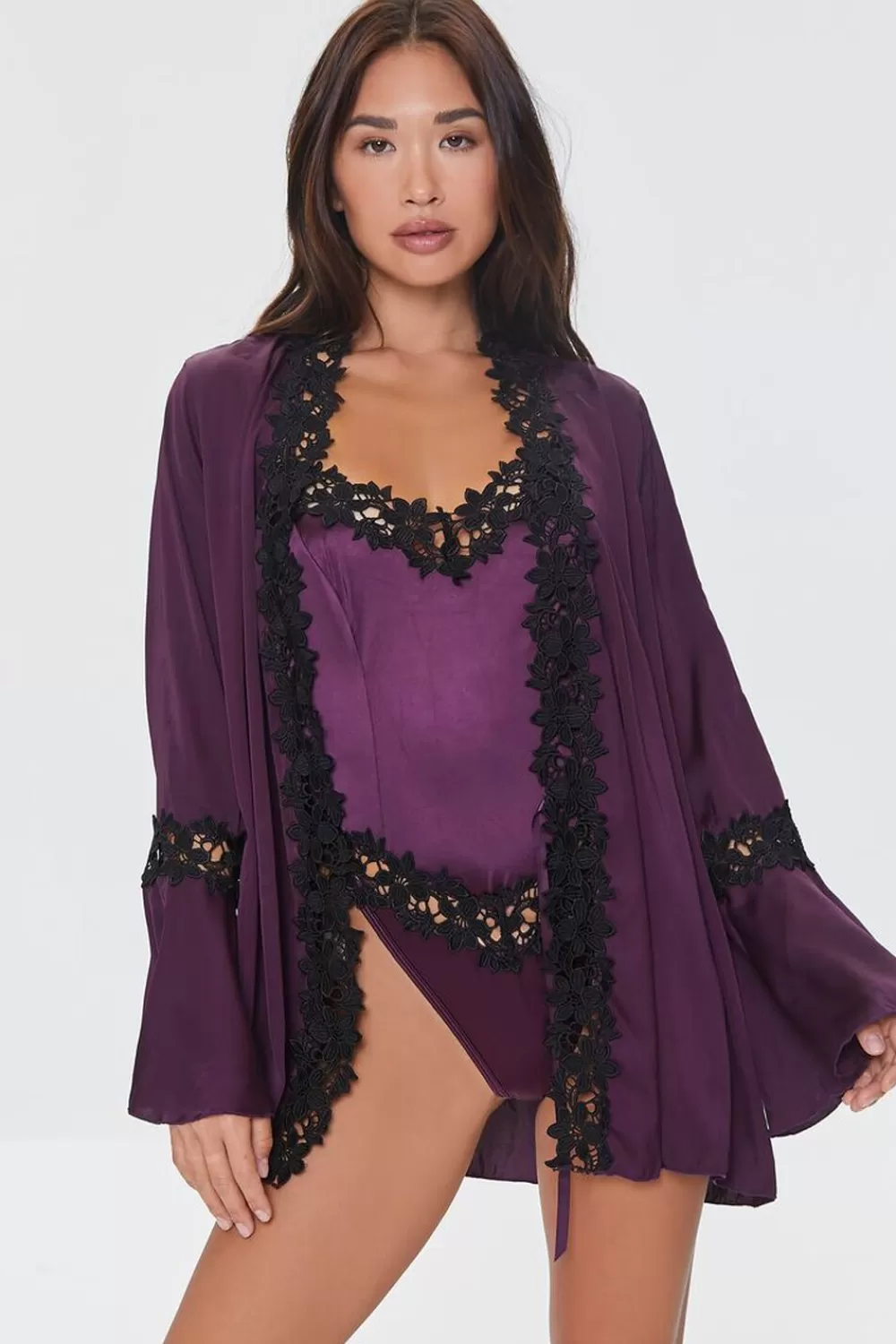 Loungewear>Forever 21 Floral Lace-Trim Satin Lingerie Robe Purple