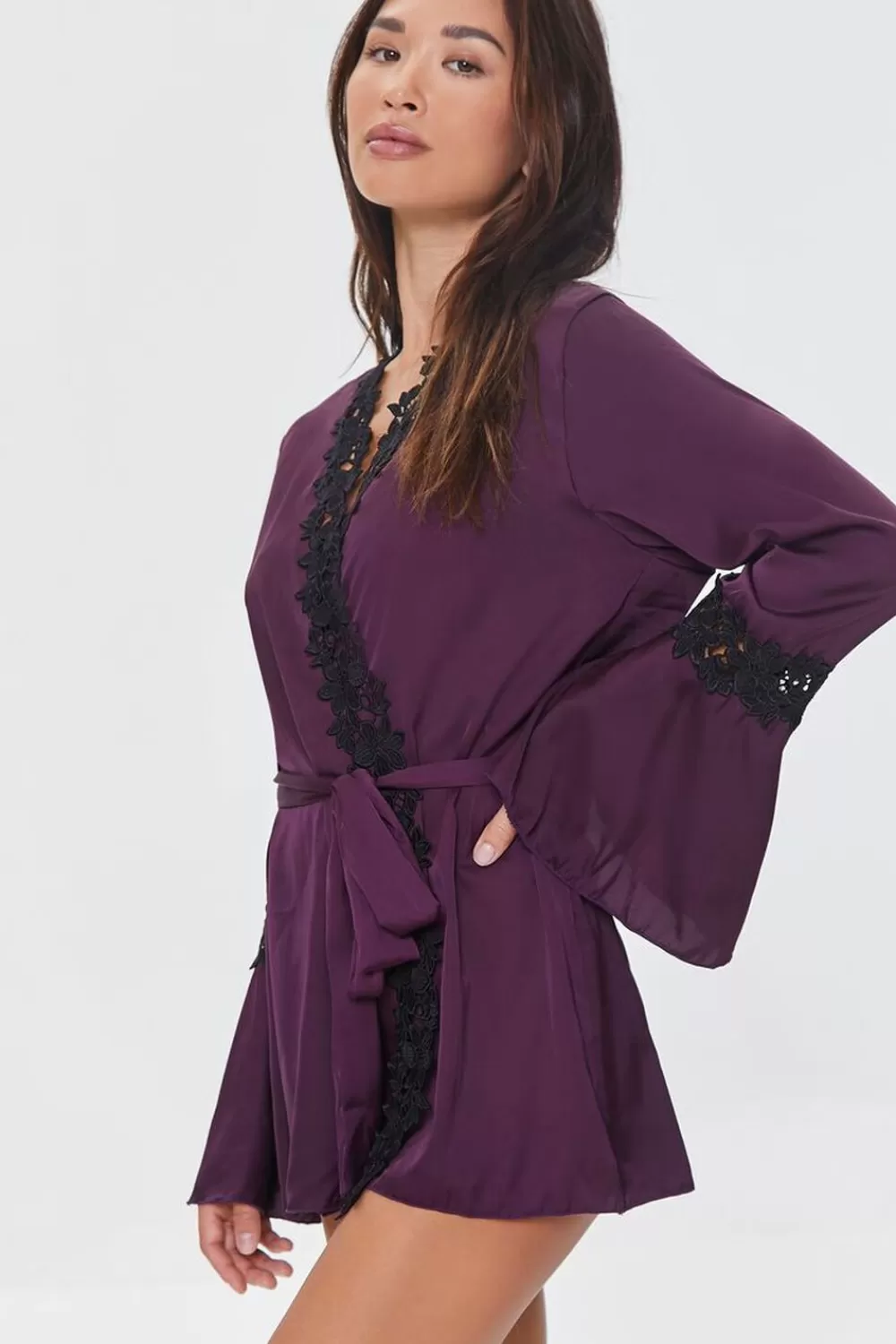 Loungewear>Forever 21 Floral Lace-Trim Satin Lingerie Robe Purple