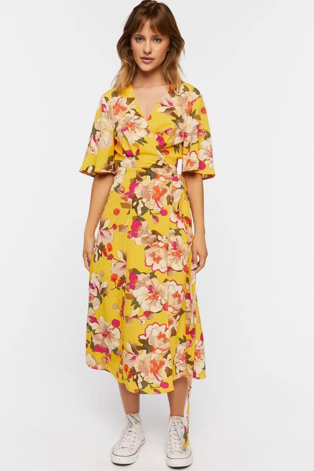 Dresses>Forever 21 Floral Midi Wrap Dress Yellow/Multi