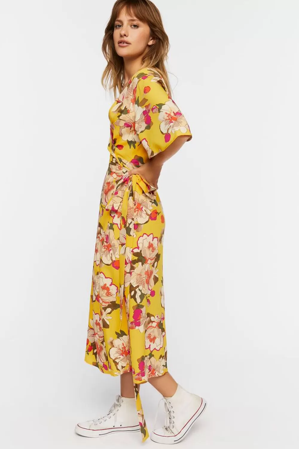 Dresses>Forever 21 Floral Midi Wrap Dress Yellow/Multi
