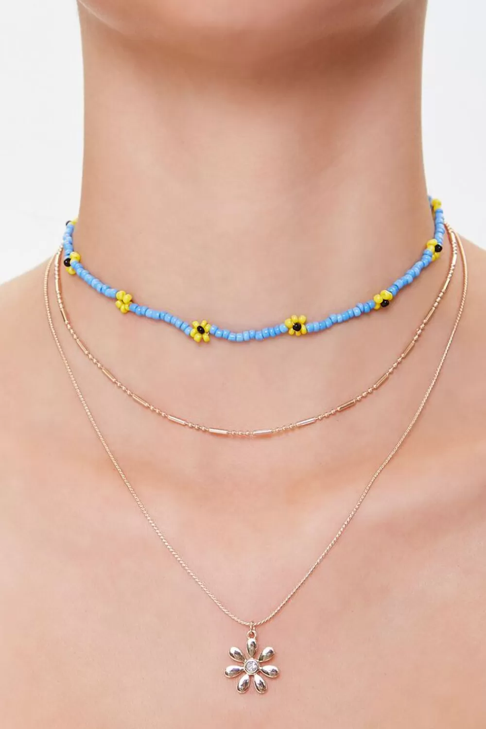 Necklaces>Forever 21 Floral Pendant Necklace Set Blue/Gold