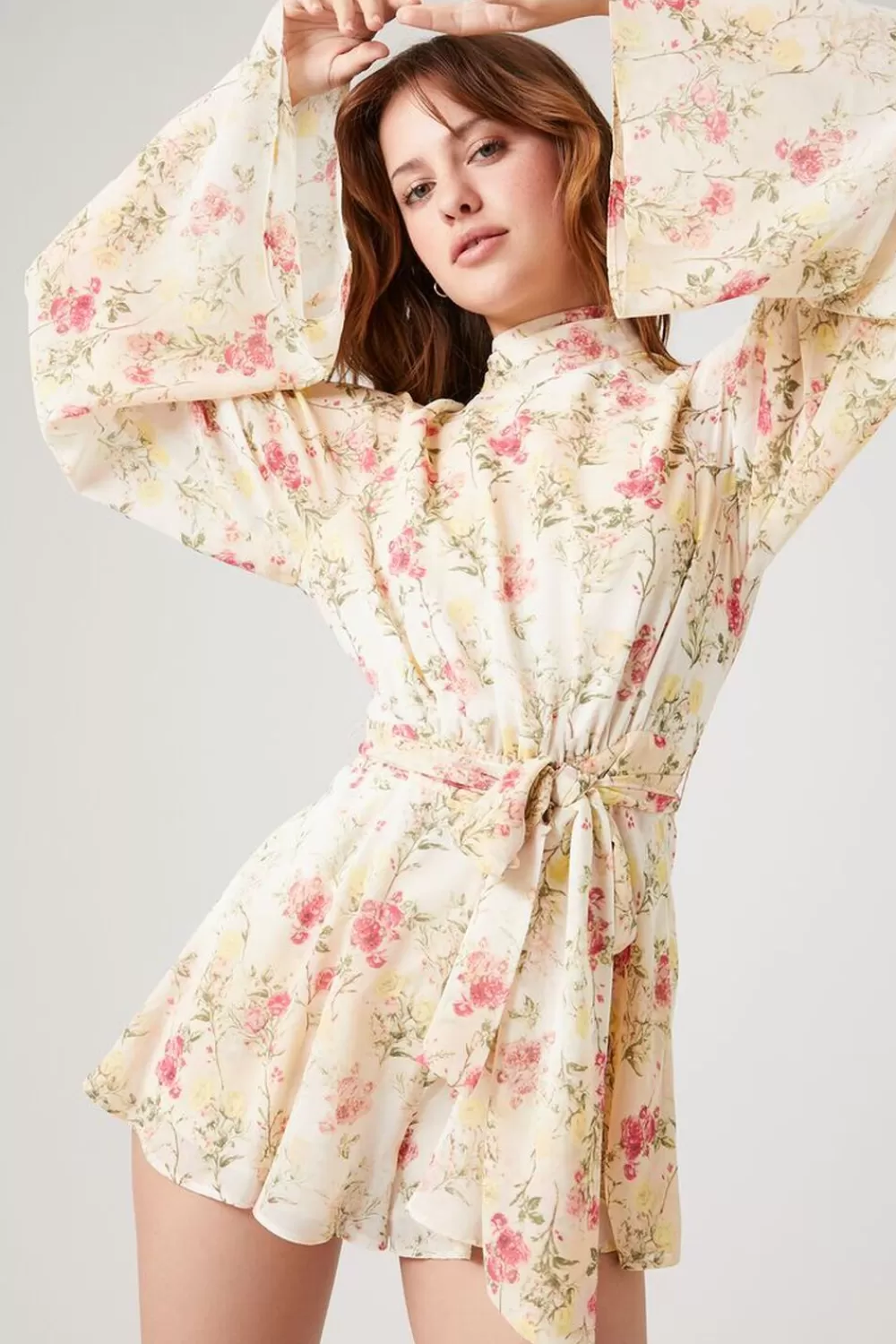Rompers + Jumpsuits>Forever 21 Floral Print Bell-Sleeve Romper Ivory/Multi