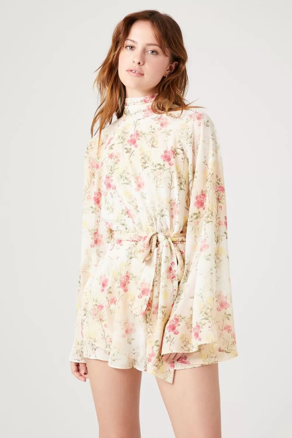Rompers + Jumpsuits>Forever 21 Floral Print Bell-Sleeve Romper Ivory/Multi