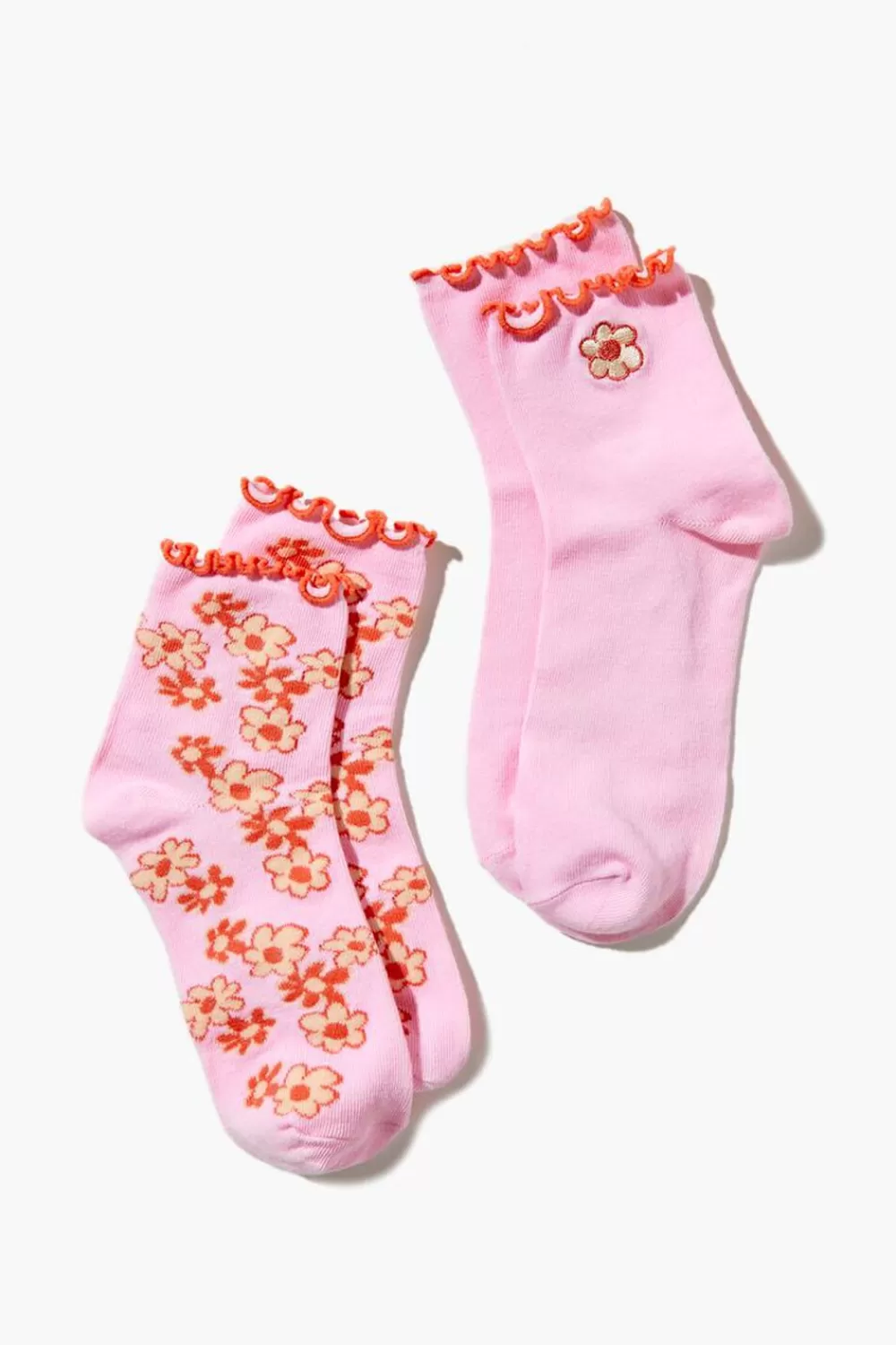 Socks + Tights>Forever 21 Floral Print Crew Sock Set - 2 Pack Pink/Multi