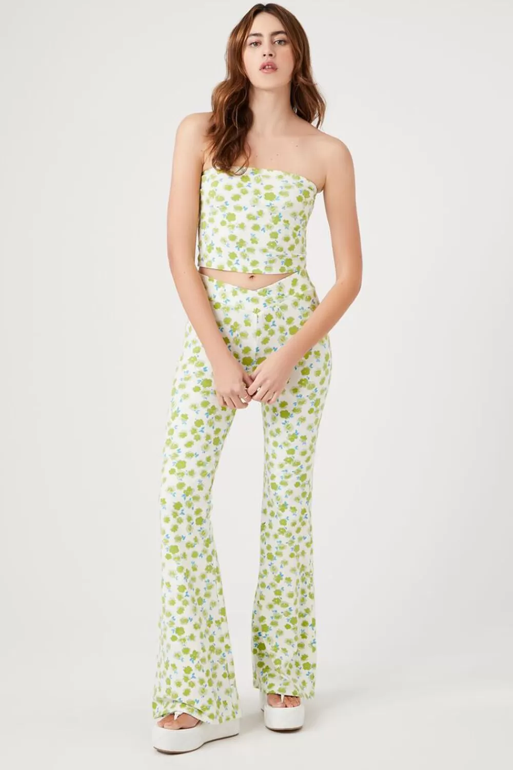 Matching Sets>Forever 21 Floral Print Flare Pants Blue/Green