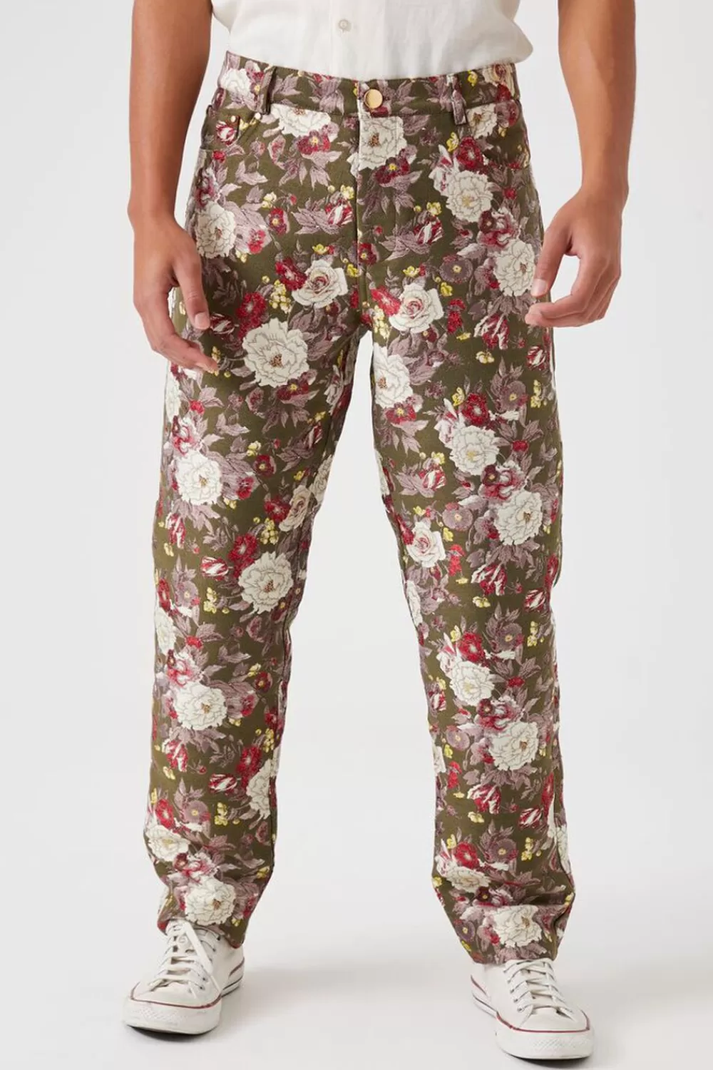 Bottoms>Forever 21 Floral Print Jacquard Pants Olive/Multi
