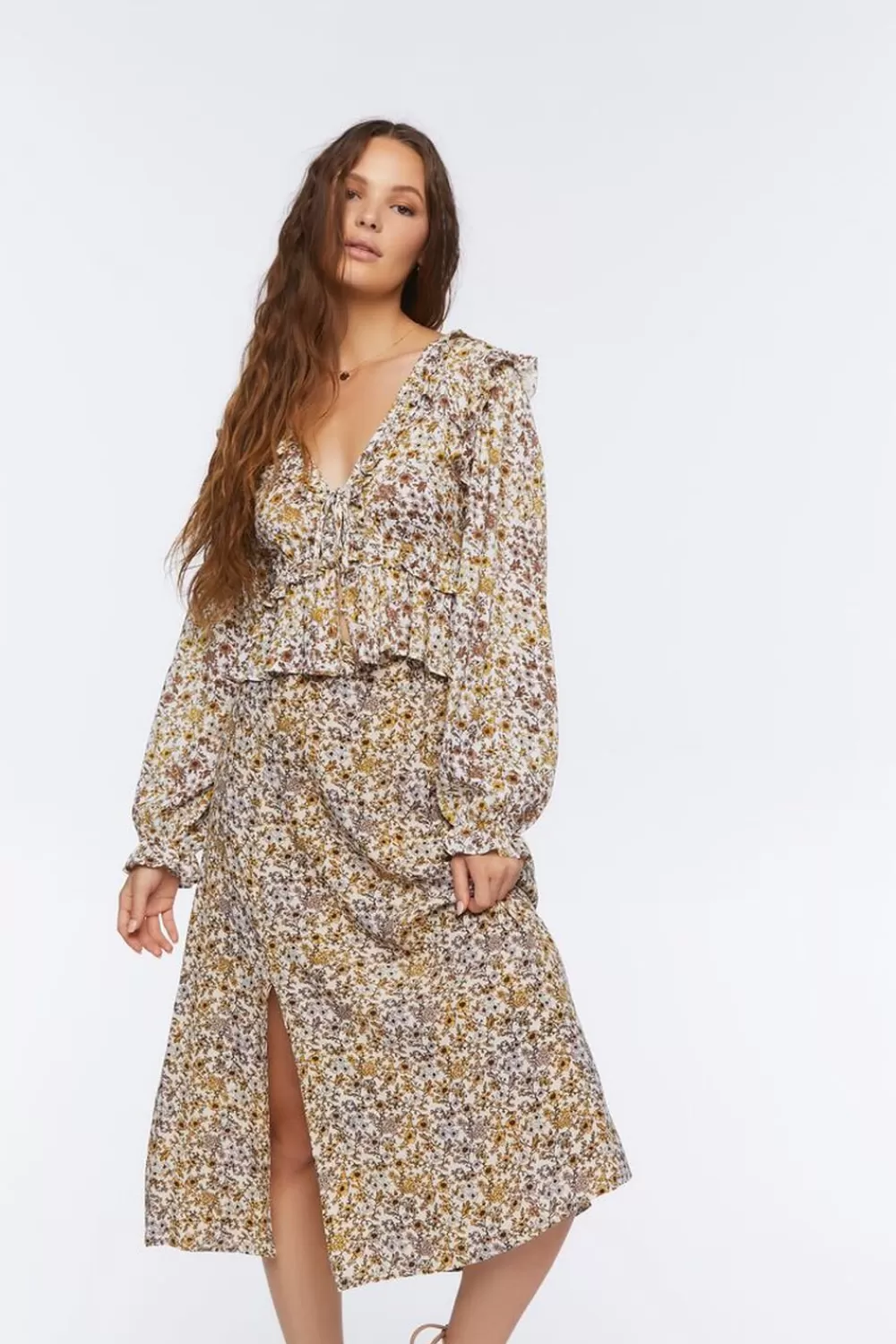 Matching Sets>Forever 21 Floral Print Midi Skirt Taupe/Multi