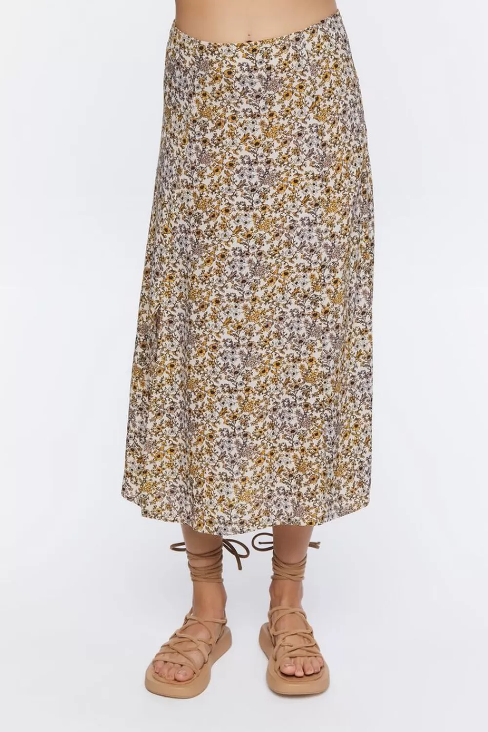 Matching Sets>Forever 21 Floral Print Midi Skirt Taupe/Multi