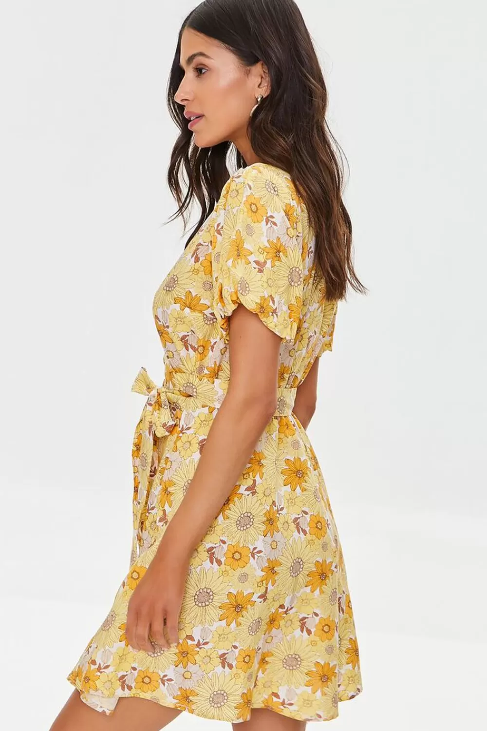 Dresses>Forever 21 Floral Print Puff-Sleeve Dress Yellow/Multi