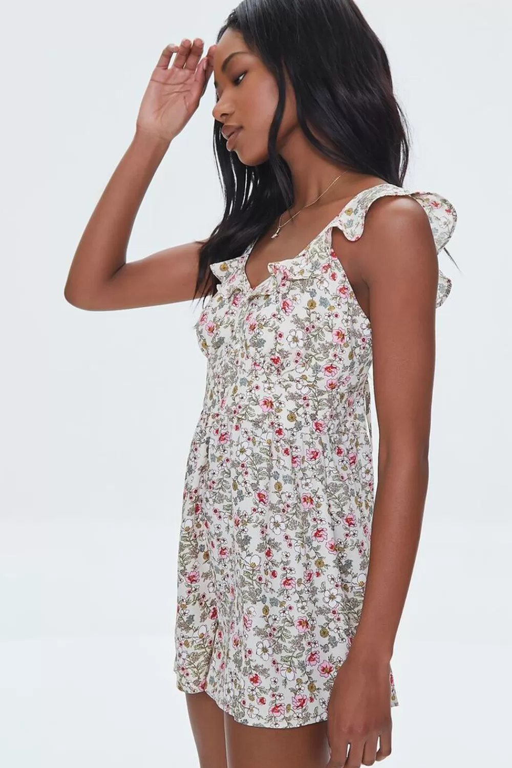 Dresses>Forever 21 Floral Print Ruffle-Trim Romper Taupe/Multi