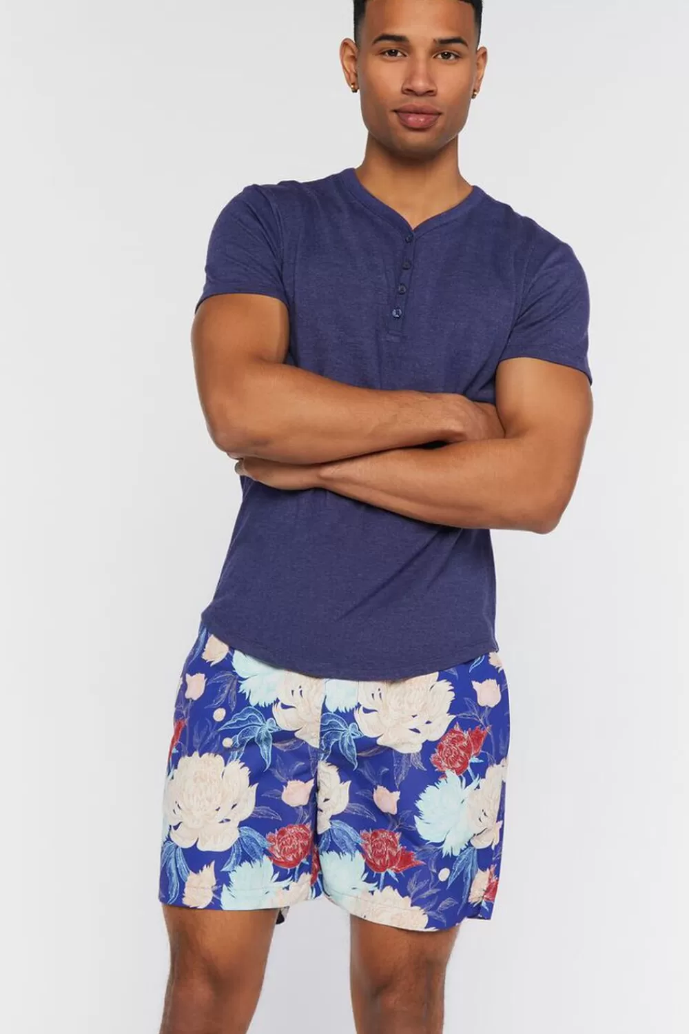 Bottoms>Forever 21 Floral Print Swim Trunks Violet/Multi