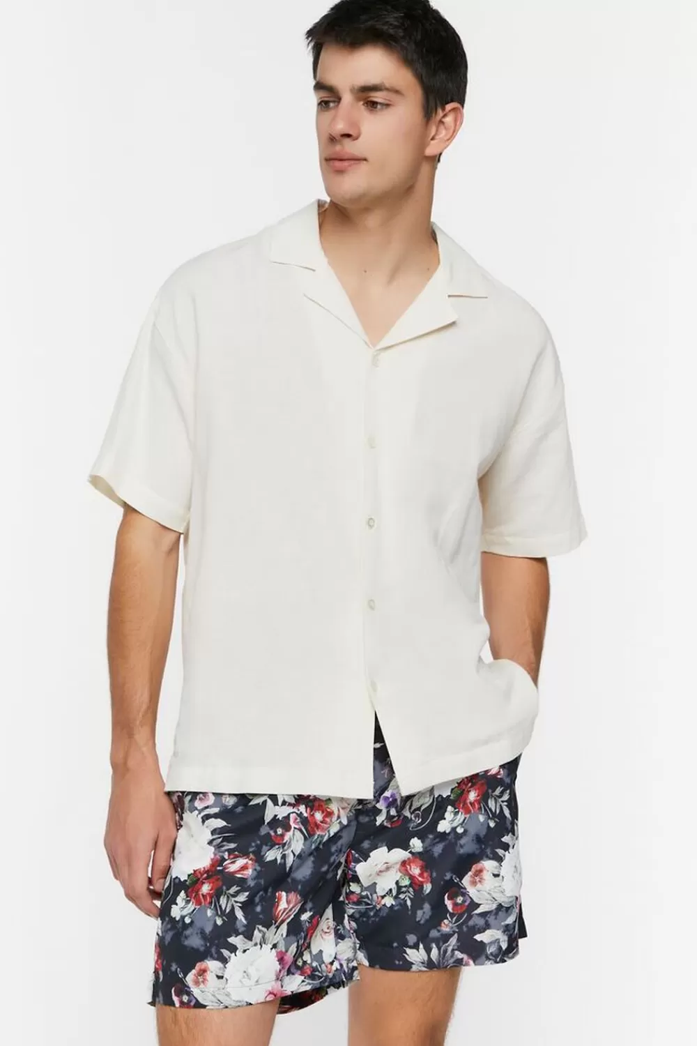 Bottoms>Forever 21 Floral Print Swim Trunks Black/Multi