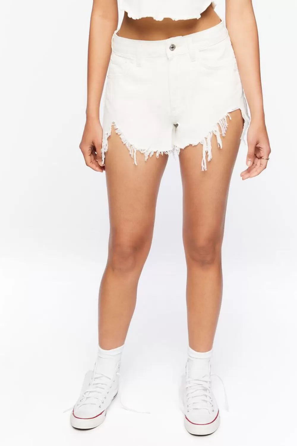 Bottoms>Forever 21 Frayed Distressed Denim Shorts Cream