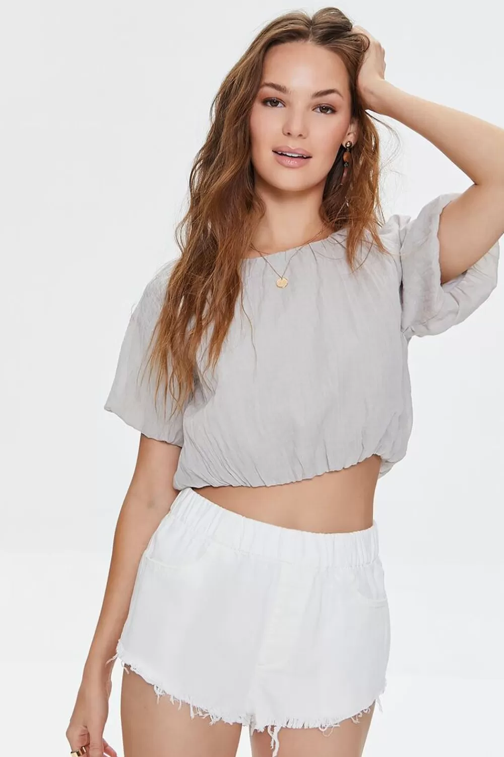Bottoms>Forever 21 Frayed High-Rise Denim Shorts Cream