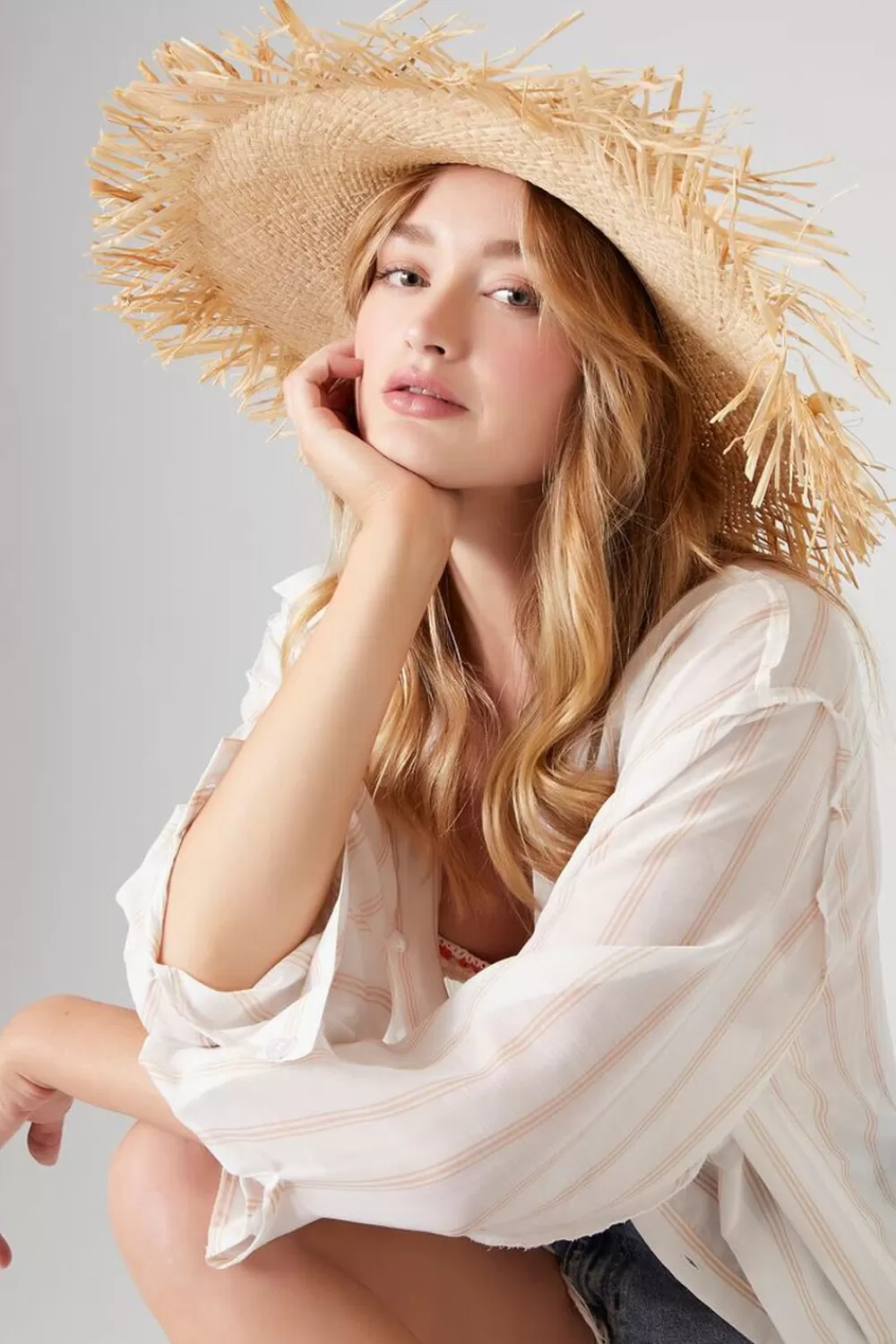 Hats + Beanies>Forever 21 Frayed Wide-Brim Straw Hat Natural