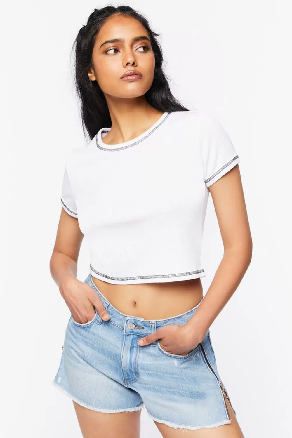Bottoms>Forever 21 Frayed Zipper-Trim Denim Shorts Light Denim