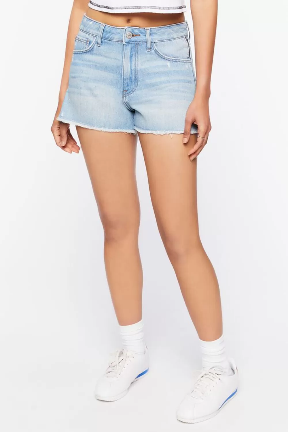 Bottoms>Forever 21 Frayed Zipper-Trim Denim Shorts Light Denim