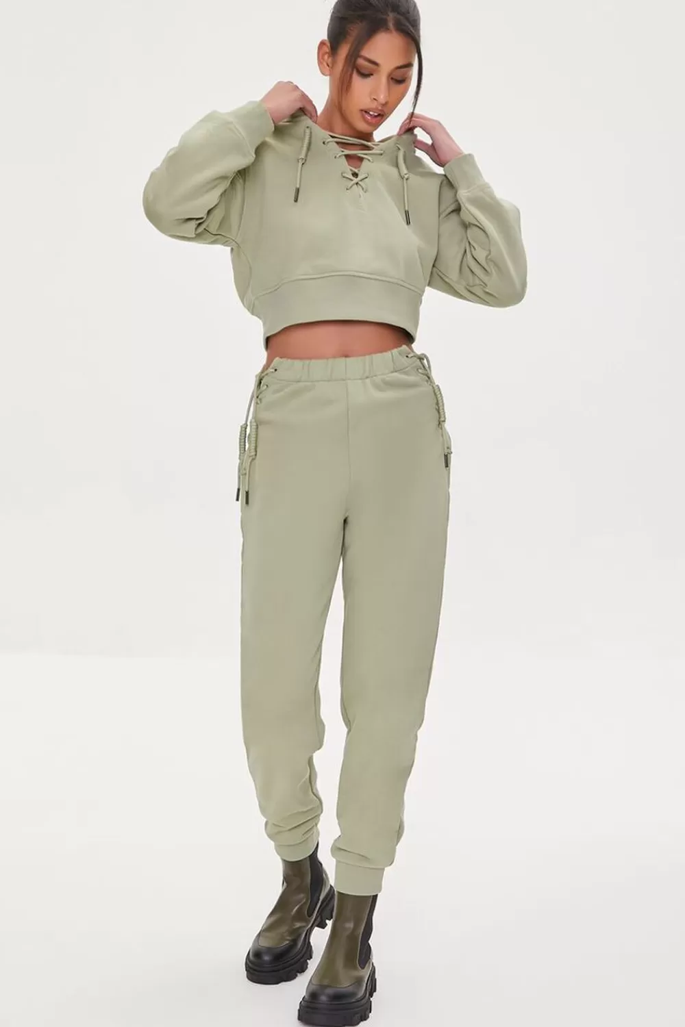 Bottoms>Forever 21 French Terry Lace-Up Joggers Green