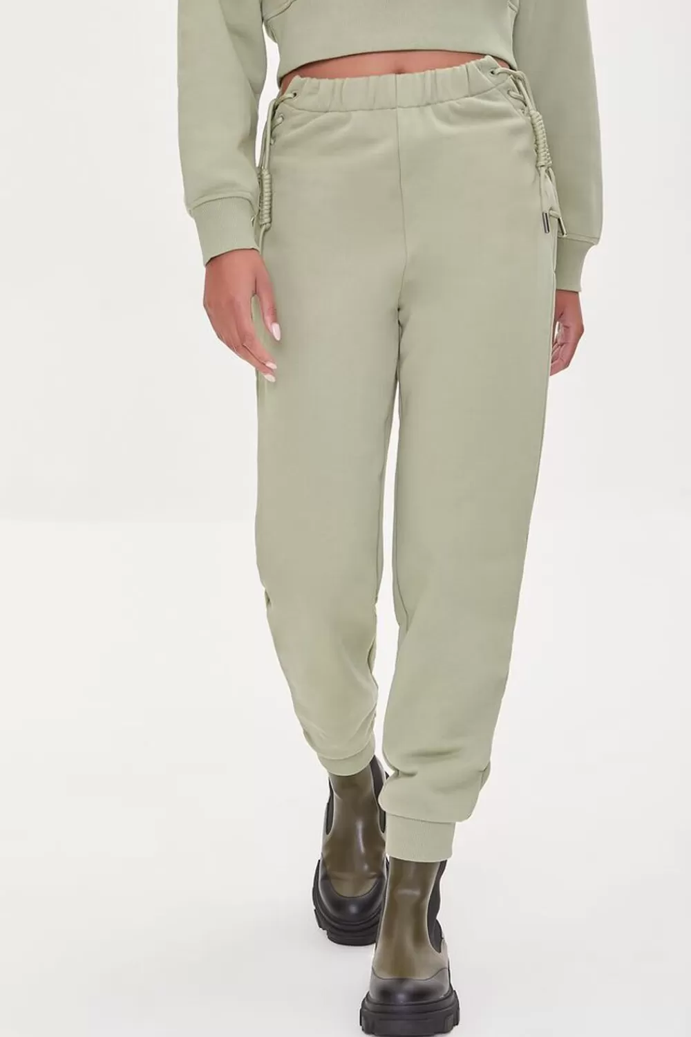 Bottoms>Forever 21 French Terry Lace-Up Joggers Green