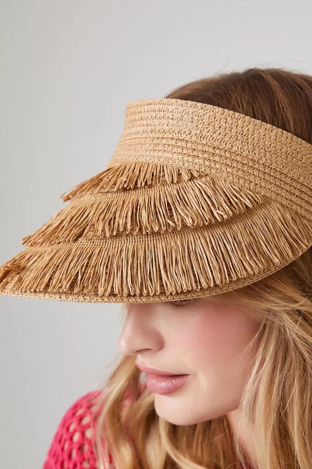 Hats + Beanies>Forever 21 Fringe Straw Sun Visor Natural