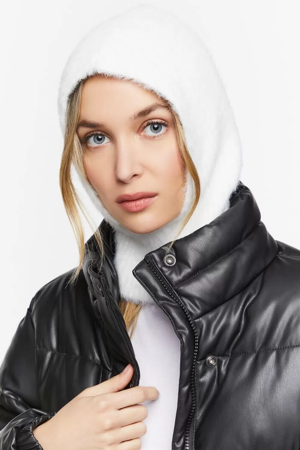 Hats + Beanies>Forever 21 Fuzzy Knit Balaclava Hood White