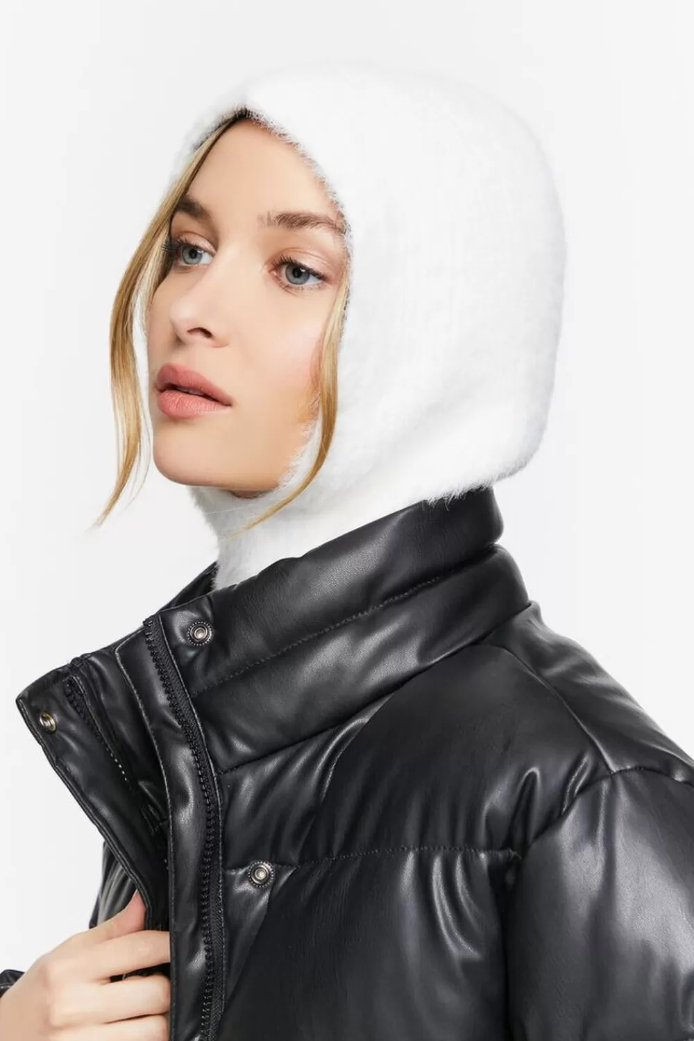 Hats + Beanies>Forever 21 Fuzzy Knit Balaclava Hood White