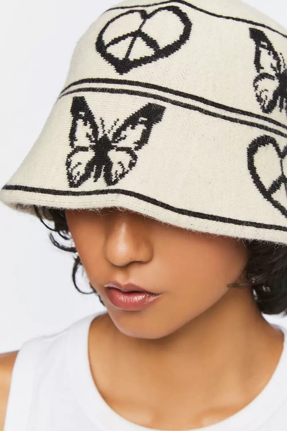 Hats + Beanies>Forever 21 Fuzzy Knit Butterfly Bucket Hat Cream/Black