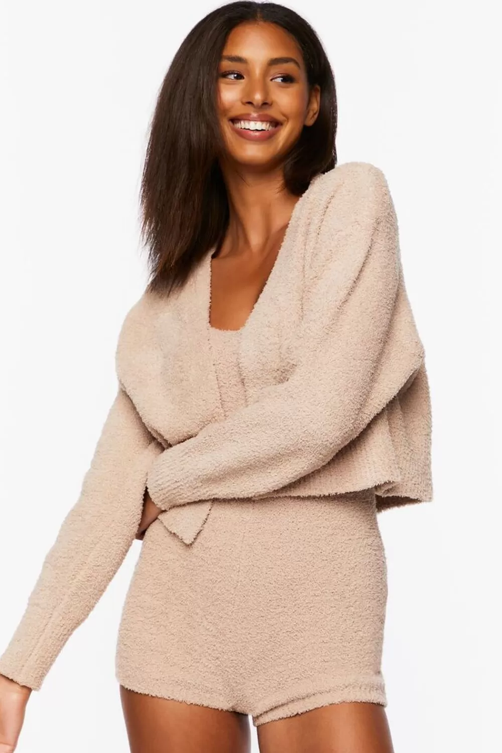 Matching Sets>Forever 21 Fuzzy Knit Cardigan Sweater Khaki
